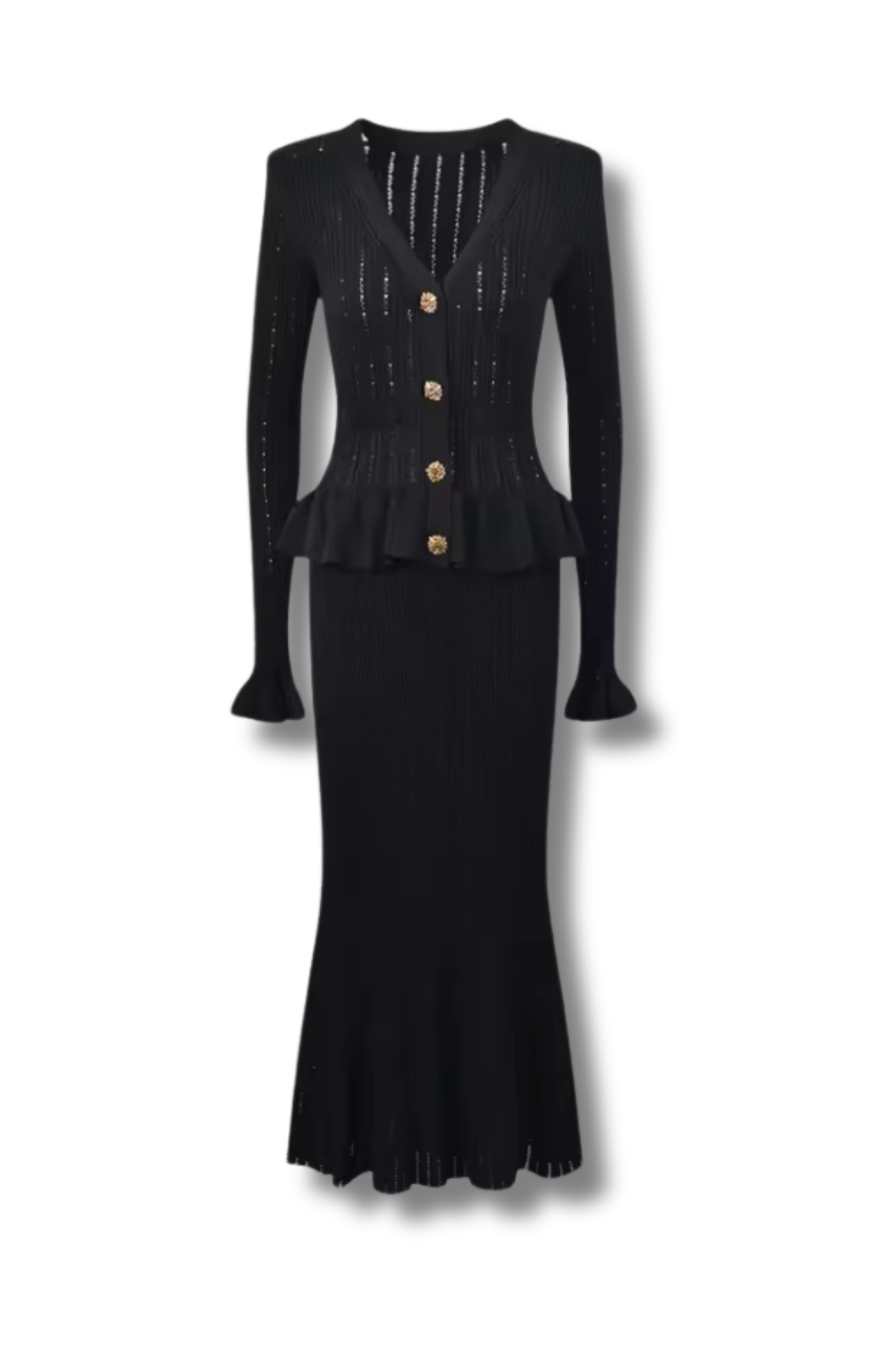 CIDNEY - Fine knit dress with peplum and statement decorative buttons